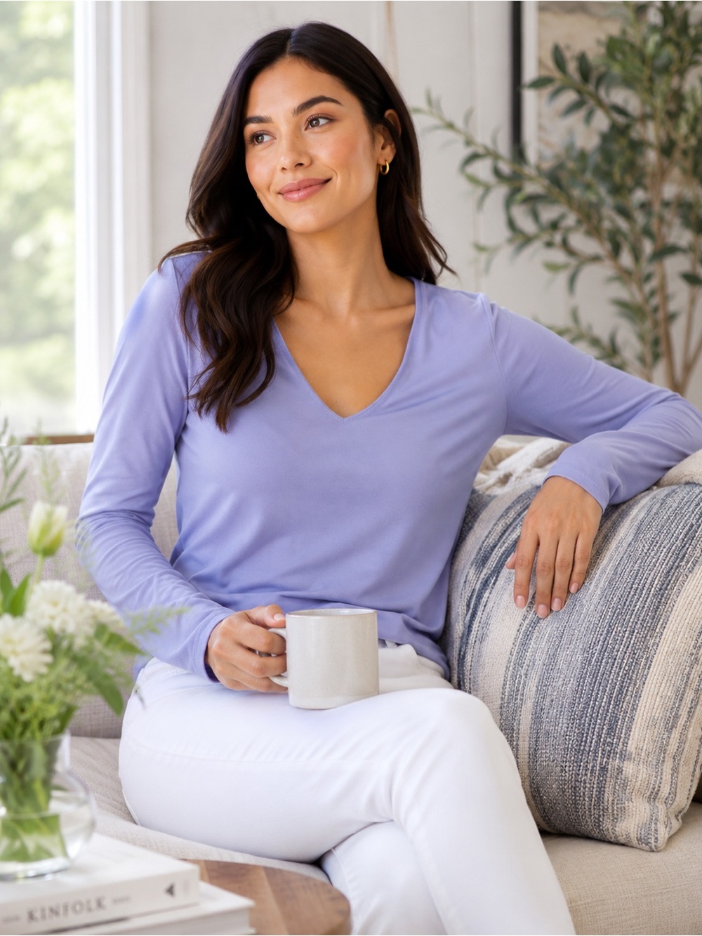 Susana Monaco Lavender V Neck Long Sleeve Top Size Medium Minimalist Preppy